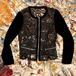 NWT INC Black Lace Velvet Zip Jacket MEDIUM Going Global Collection